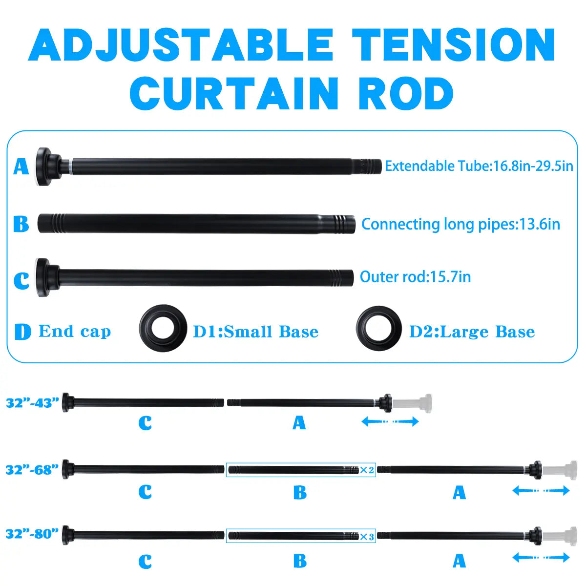 Shower Curtain Rod, 32-80 Inch Adjustable Spring Tension Curtain Rod, Never Rust Anti-Slip Shower Curtain Rod for Bathroom, No Drilling, Never Collapse, Easy to Use, Silver and Black