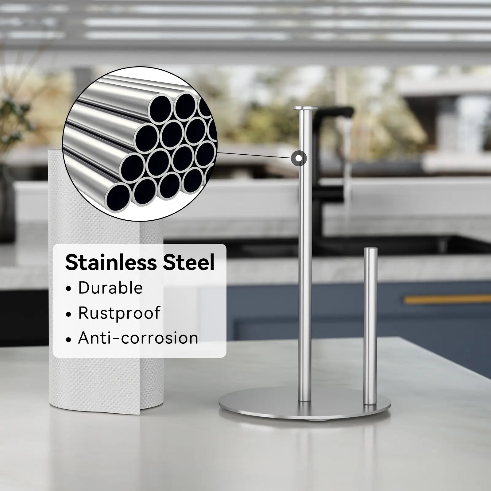 Paper Towel Holder Stand with 4 Silicone Anti-Slip Pads-Freestanding Countertop Stainless Steel Paper Towel Stand, Rust-Resistant, Stable & Durable for Kitchen, Bathroom