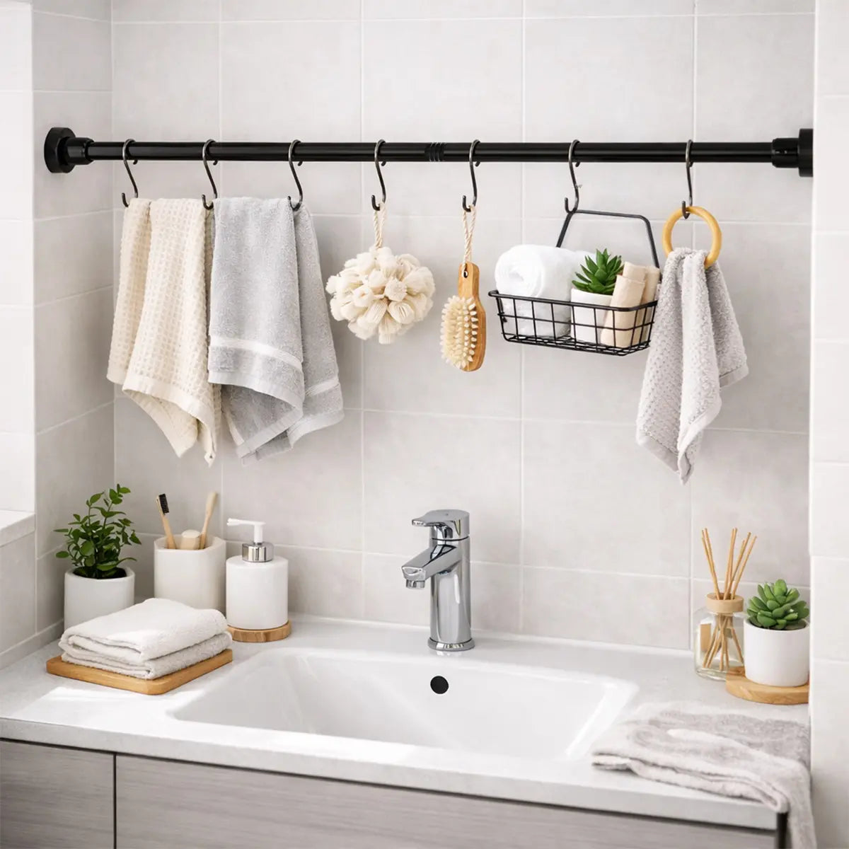 Shower Curtain Rod, 32-80 Inch Adjustable Spring Tension Curtain Rod, Never Rust Anti-Slip Shower Curtain Rod for Bathroom, No Drilling, Never Collapse, Easy to Use, Silver and Black
