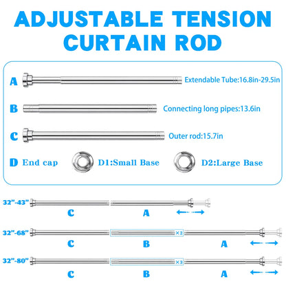 Shower Curtain Rod, 32-80 Inch Adjustable Spring Tension Curtain Rod, Never Rust Anti-Slip Shower Curtain Rod for Bathroom, No Drilling, Never Collapse, Easy to Use, Silver and Black