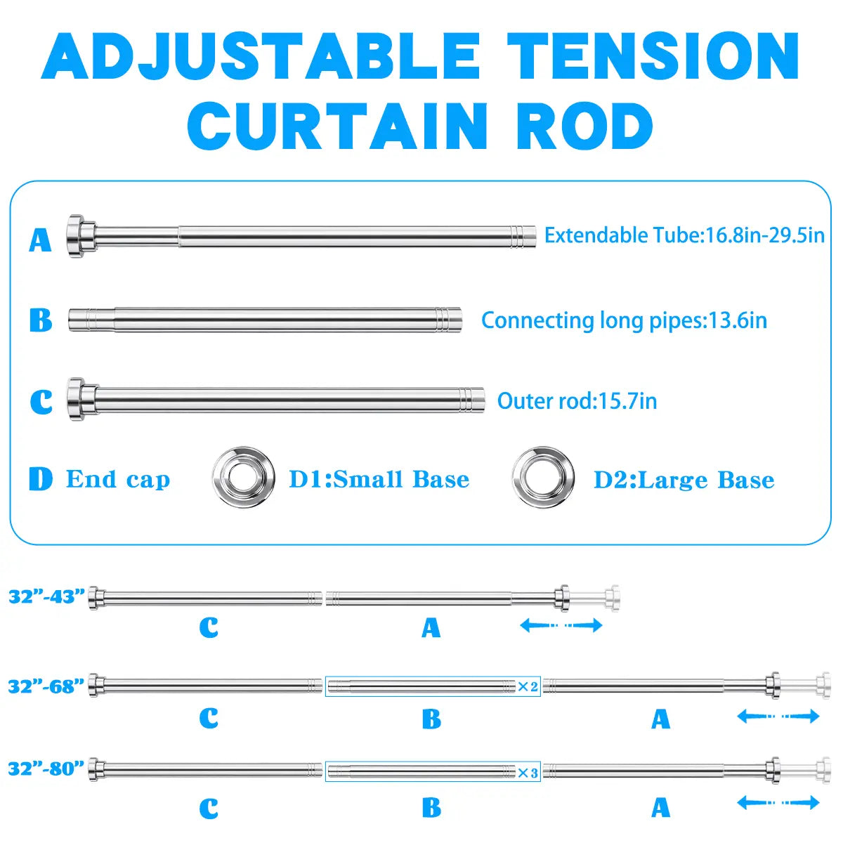 Shower Curtain Rod, 32-80 Inch Adjustable Spring Tension Curtain Rod, Never Rust Anti-Slip Shower Curtain Rod for Bathroom, No Drilling, Never Collapse, Easy to Use, Silver and Black