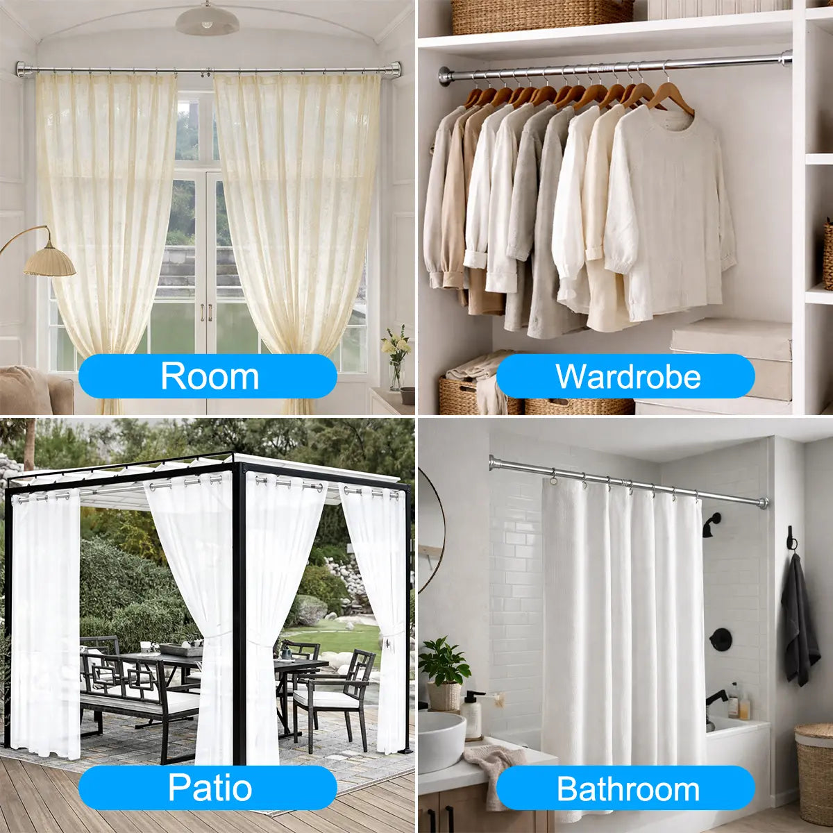 Shower Curtain Rod, 32-80 Inch Adjustable Spring Tension Curtain Rod, Never Rust Anti-Slip Shower Curtain Rod for Bathroom, No Drilling, Never Collapse, Easy to Use, Silver and Black