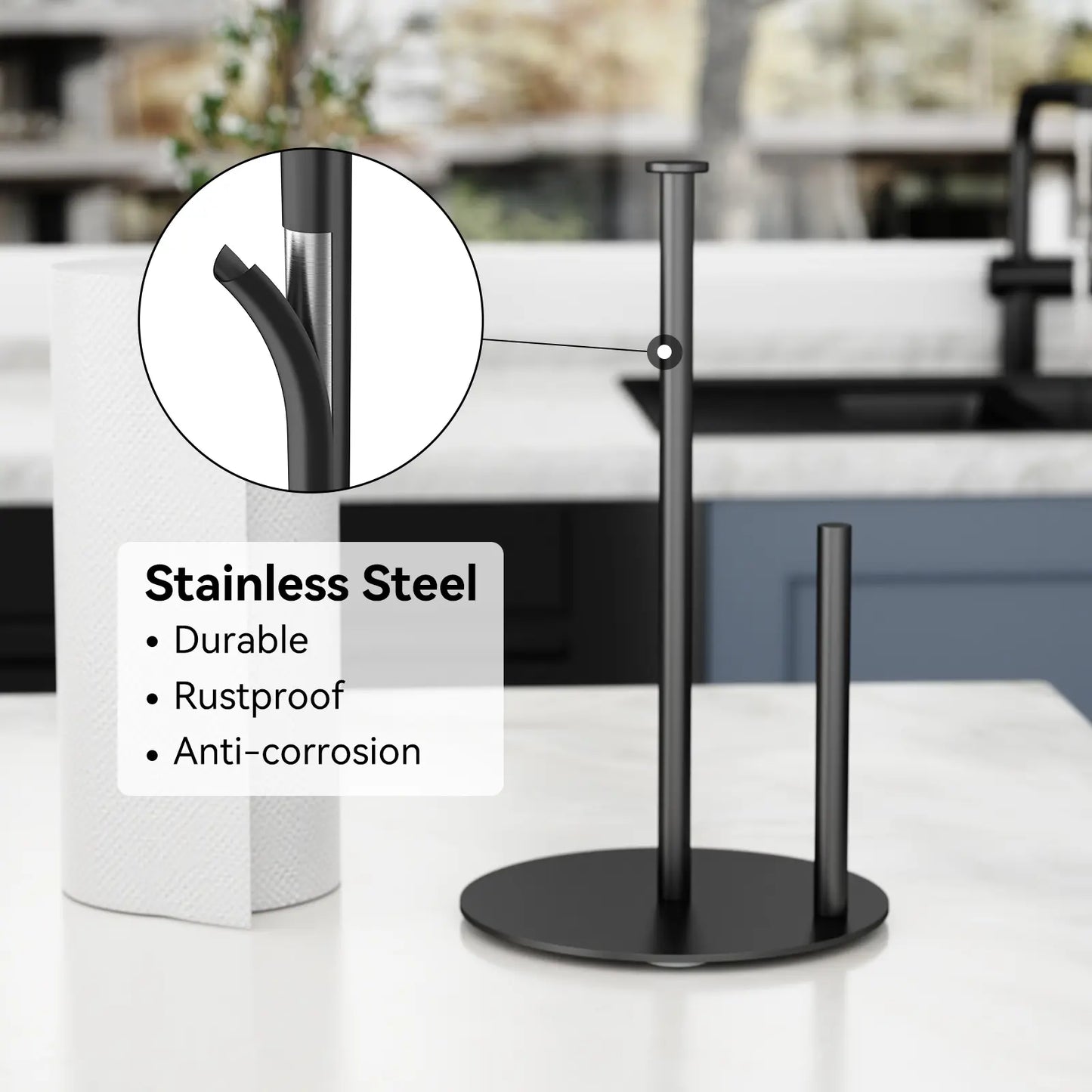 Paper Towel Holder Stand with 4 Silicone Anti-Slip Pads-Freestanding Countertop Stainless Steel Paper Towel Stand, Rust-Resistant, Stable & Durable for Kitchen, Bathroom